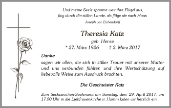 Todesanzeige von Theresia Katz von MZV