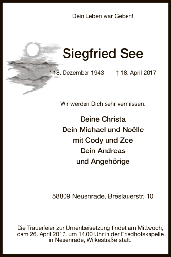 Todesanzeige von Siegfried See von MZV