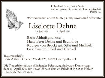 Todesanzeige von Liselotte Dehne von MZV