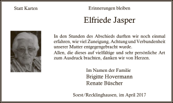 Todesanzeige von Elfriede Jasper von MZV