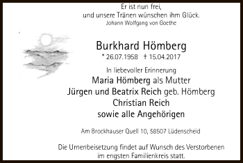Todesanzeige von Burkhard Hömberg von MZV