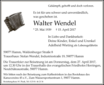 Todesanzeige von Walter Wendel von MZV