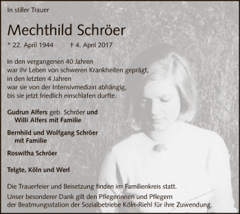 Todesanzeige von Mechthild Schröer von MZV