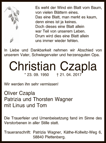 Todesanzeige von Christian Czapla von MZV