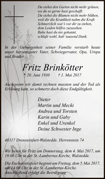 Todesanzeige von Fritz Brinkötter von MZV