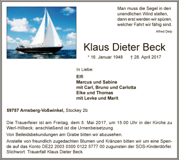 Todesanzeige von Klaus Dieter Beck von MZV