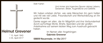 Todesanzeige von Helmut Grevener von MZV