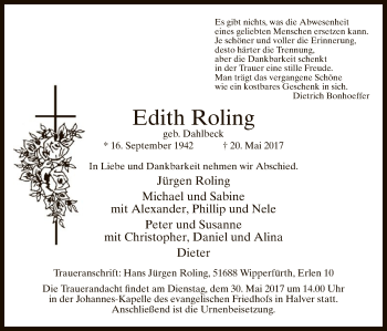 Todesanzeige von Edith Roling von MZV