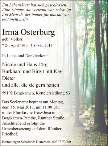 Todesanzeige von Irma Osterburg von MZV