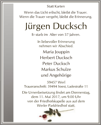 Todesanzeige von Jürgen Ducksch von MZV