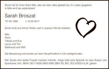Todesanzeige von Sarah Broszat von MZV
