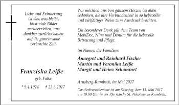 Todesanzeige von Franziska Leiße von MZV