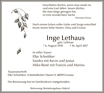 Todesanzeige von Inge Lethaus von MZV