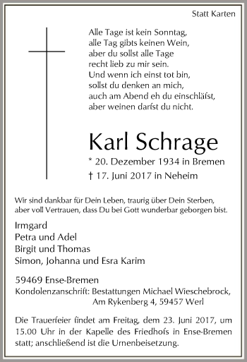 Todesanzeige von Karl Schrage von MZV