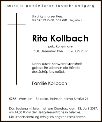 Todesanzeige von Rita Kollbach von MZV