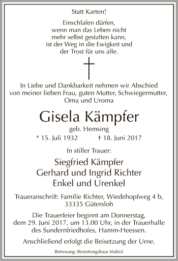 Todesanzeige von Gisela Kämpfer von MZV