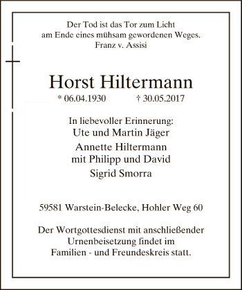 Todesanzeige von Horst Hiltermann von MZV