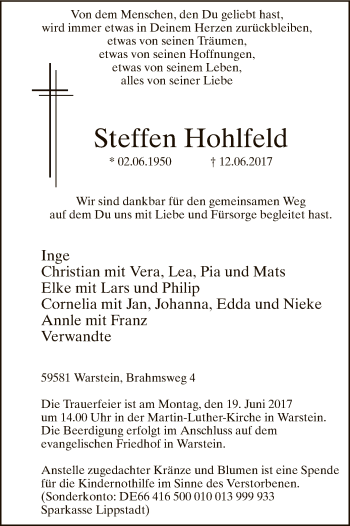 Todesanzeige von Steffen Hohlfeld von MZV
