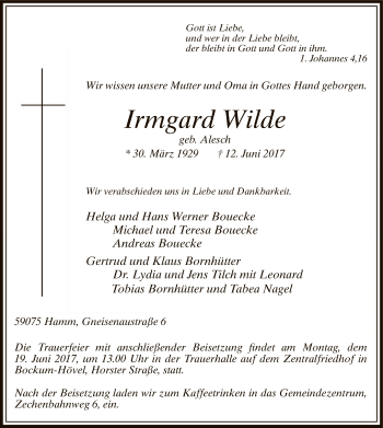 Todesanzeige von Irmgard Wilde von MZV