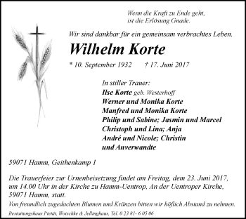Todesanzeige von Wilhelm Korte von MZV