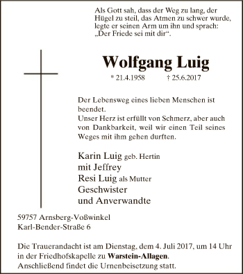 Todesanzeige von Wolfgang Luig von MZV