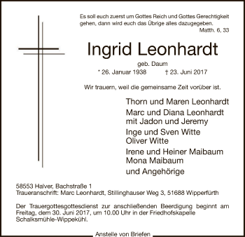 Todesanzeige von Ingrid Leonhardt von MZV