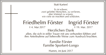 Todesanzeige von Ingrid und Friedhelm Förster von MZV