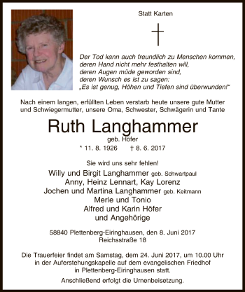 Todesanzeige von Ruth Langhammer von MZV