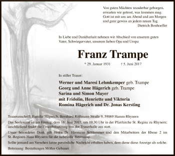Todesanzeige von Franz Trampe von MZV