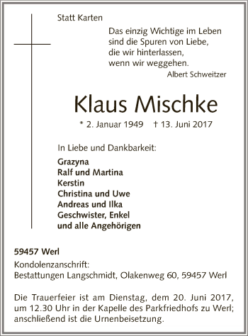 Todesanzeige von Klaus Mischke von MZV