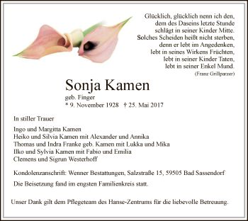 Todesanzeige von Sonja Kamen von MZV