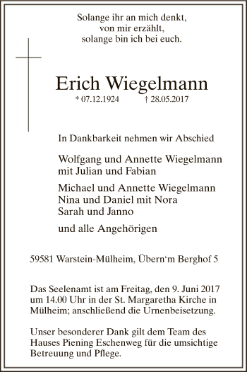 Todesanzeige von Erich Wiegelmann von MZV