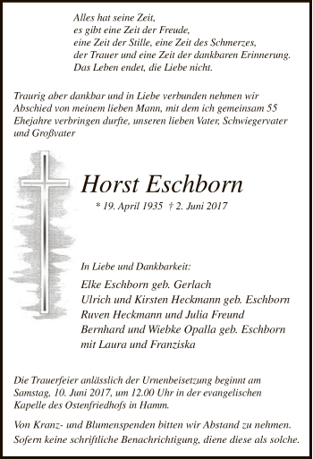 Todesanzeige von Horst Eschborn von MZV