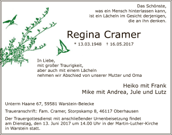 Todesanzeige von Regina Cramer von MZV