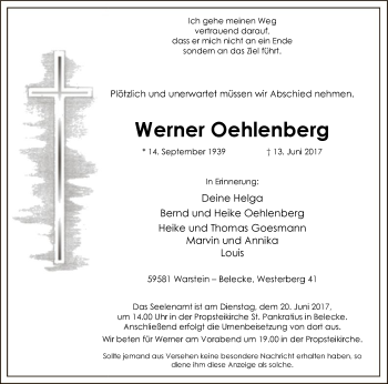 Todesanzeige von Werner Oehlenberg von MZV