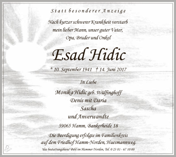 Todesanzeige von Esad Hidic von MZV