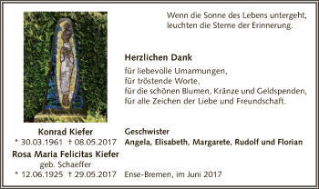 Todesanzeige von Konrad und Rosa Maria Felicitas Kiefer von MZV