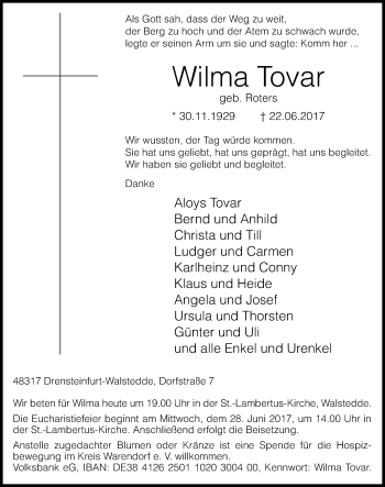 Todesanzeige von Wilma Tovar von MZV