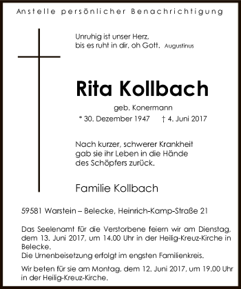 Todesanzeige von Rita Kollbach von MZV