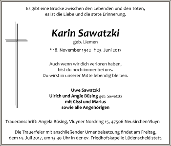 Todesanzeige von Karin Sawatzki von MZV