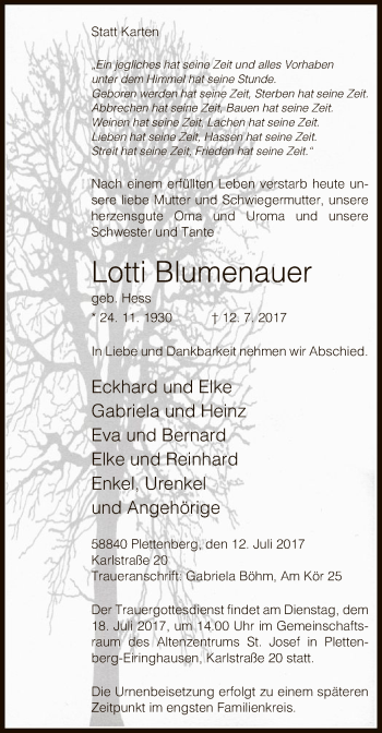 Todesanzeige von Lotti Blumenauer von MZV