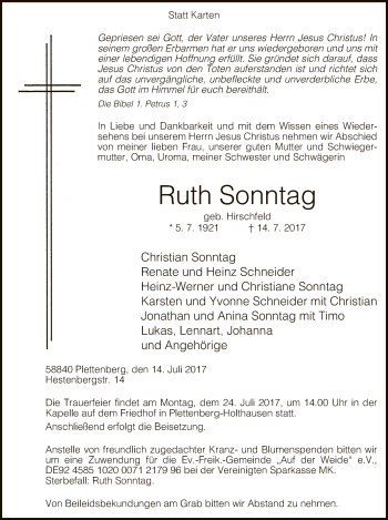 Todesanzeige von Ruth Sonntag von MZV