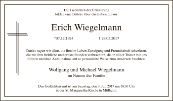 Todesanzeige von Erich Wiegelmann von MZV
