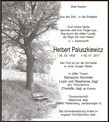 Todesanzeige von Herbert Paluszkiewicz von MZV