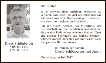 Todesanzeige von Klaus Schönberger von MZV