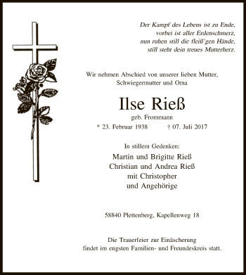 Todesanzeige von Ilse Rieß von MZV