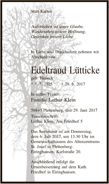 Todesanzeige von Edeltraud Lütticke von MZV