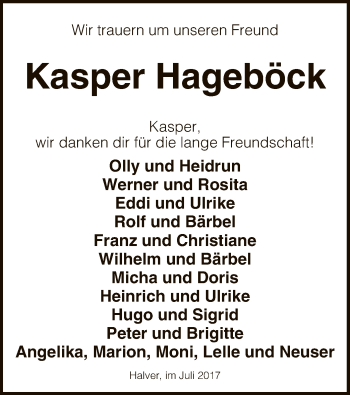 Todesanzeige von Kasper Hageböck von MZV