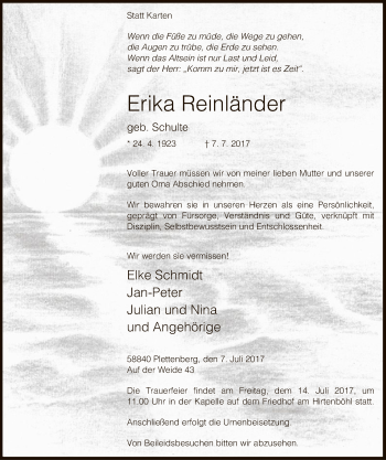 Todesanzeige von Erika Reinländer von MZV