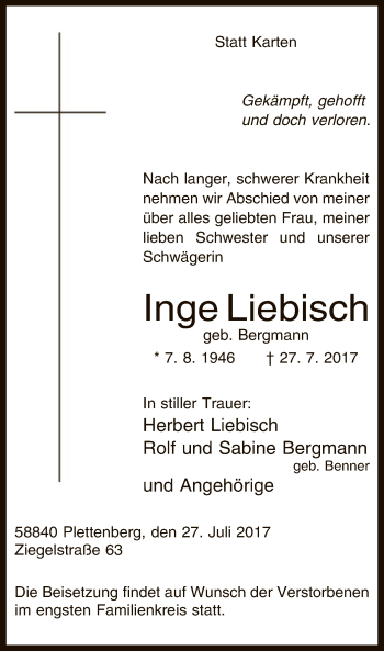 Todesanzeige von Inge Liebisch von MZV